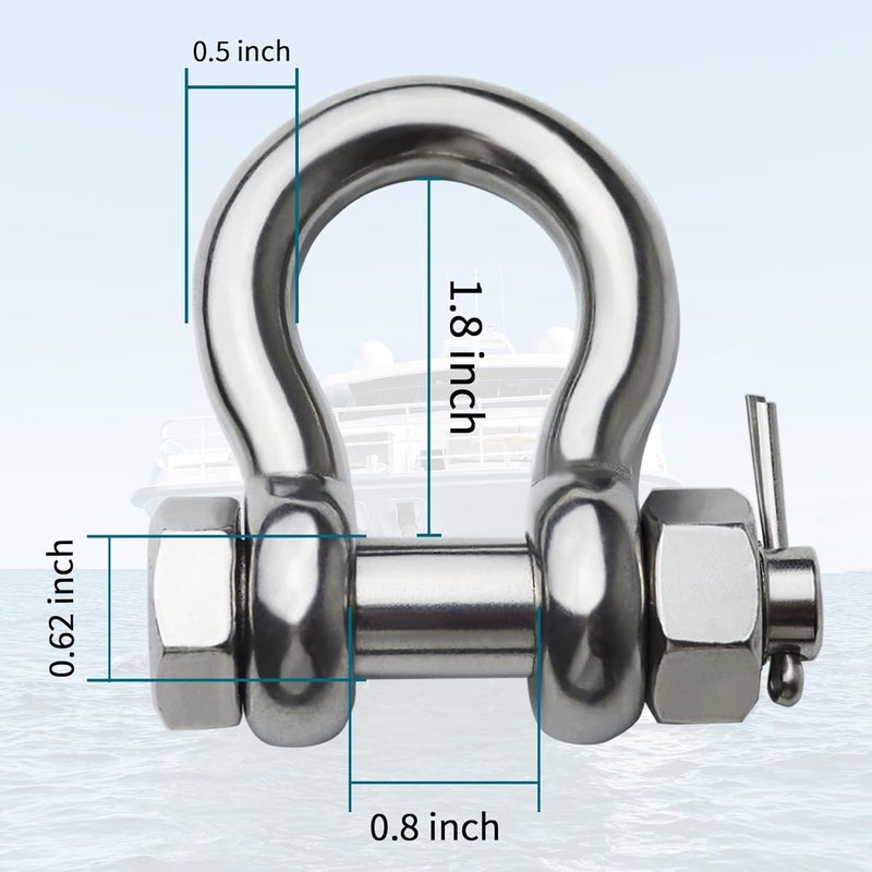 MEMUME Store Stainless Steel D Ring Shackles 1/4" 5/16" 3/8" 1/2 inch 316 SS Heavy Duty Boat Anchor Shackle Marine Grade Bow Shackles with Cotter Pins - Image 5